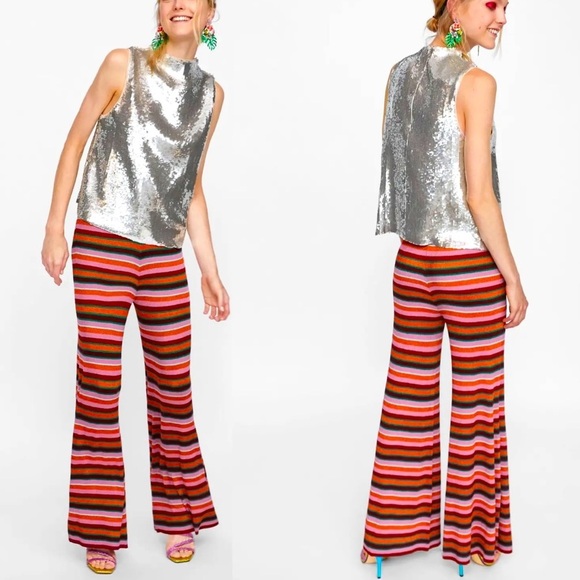 ZARA Trousers SHIMMERY Thread STRIPED KNIT Special Edition L Pants Disco… - Picture 1 of 11